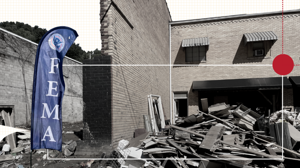An illustration of a FEMA flag before a flood-damaged building in Eastern Kentucky.