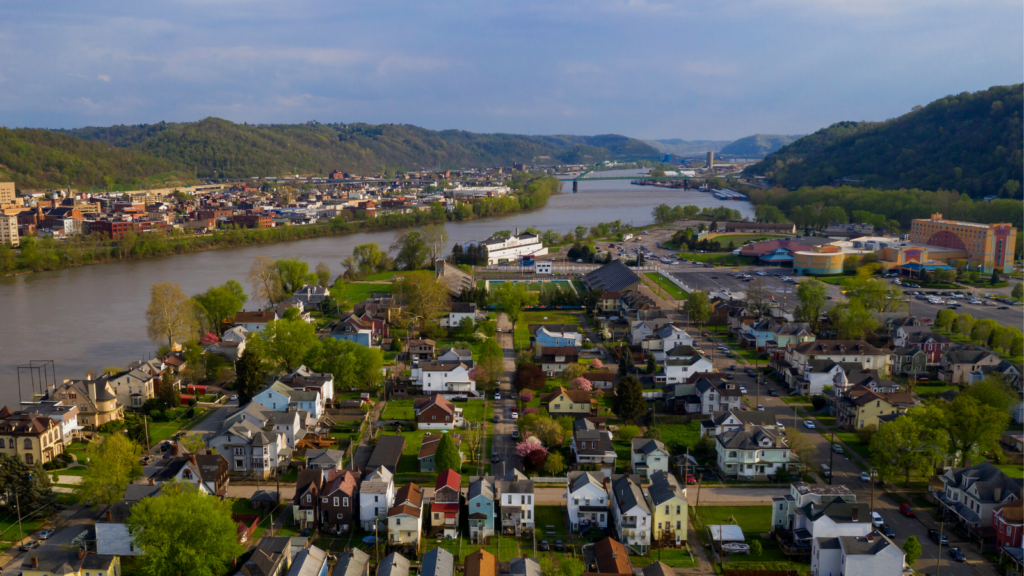 Evening falls on Wheeling Island and the Ohio River.
