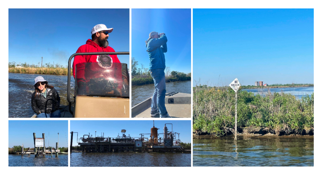 A montage of fieldwork photos, including offshore oil and gas wells.