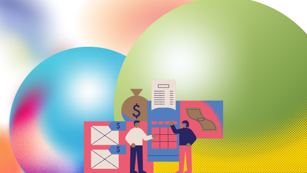 An illustration depicting two people discussing finances. Abstract spheres float in the background.