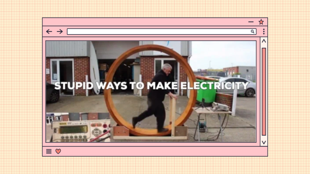 A gif of a man running in a self-constructed, hamster wheel-like electricity generating machine labeled, "Stupid Ways to Make Electricity."