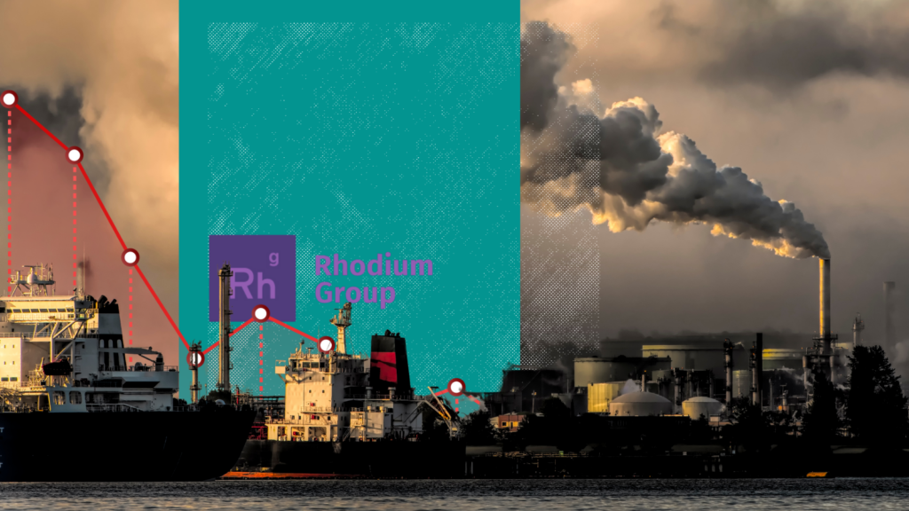 An illustration of the Rhodium Group's logo before a plume of industrial carbon emissions at a harbor.