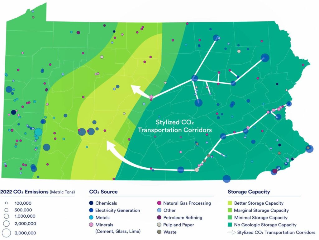 A map of prospective CO2 capture, transportation, and storage infrastructure.