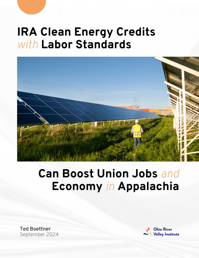Cover illustration for "IRA Clean Energy Credits with Labor Standards Can Boost Union Jobs and Economy in Appalachia," featuring an image of a worker inspecting a row of solar panels.