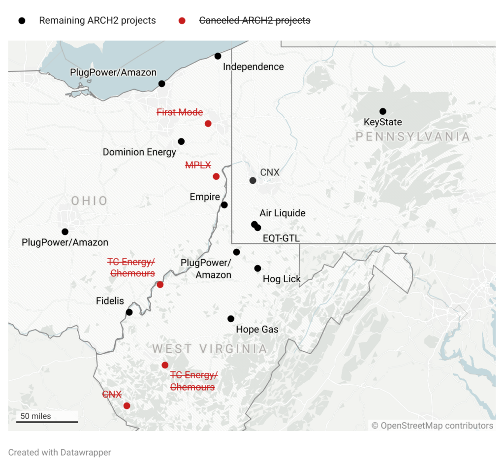 A map of canceled and remaining ARCH2 projects.