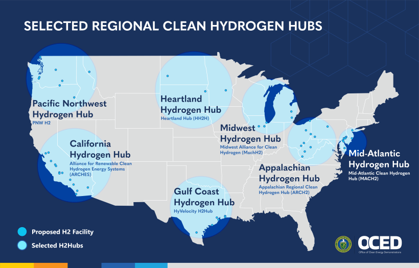 A map of regional hydrogen hubs selected for federal funding.