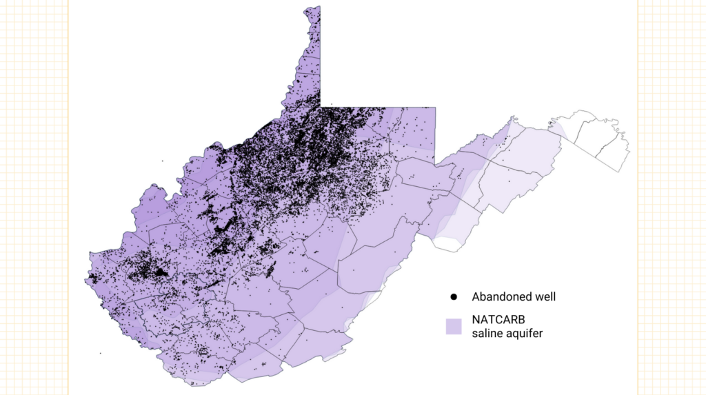 A map of abandoned wells and NATCARB saline aquifers in West Virginia.