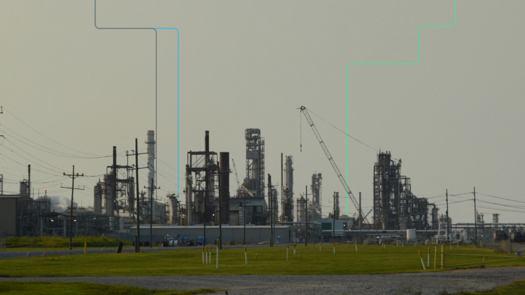 An illustration featuring CF Industries' Donaldsonville Nitrogen Complex, an ammonia production facility in Donaldsonville, Louisiana.