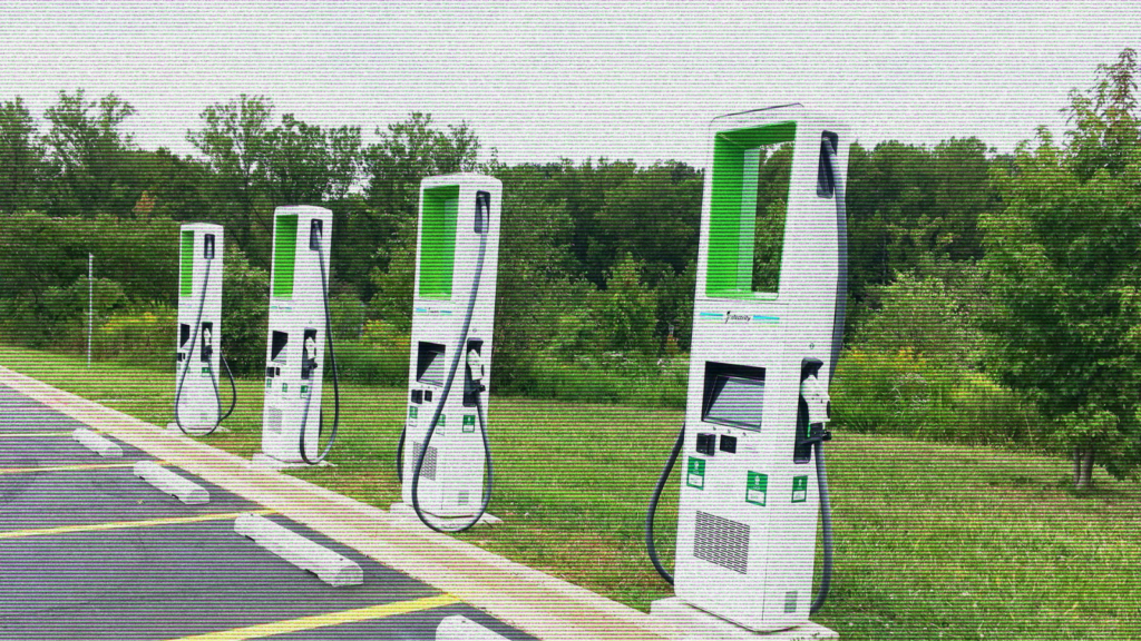 An illustration of a set of electric vehicle chargers overlayed with a static effect.