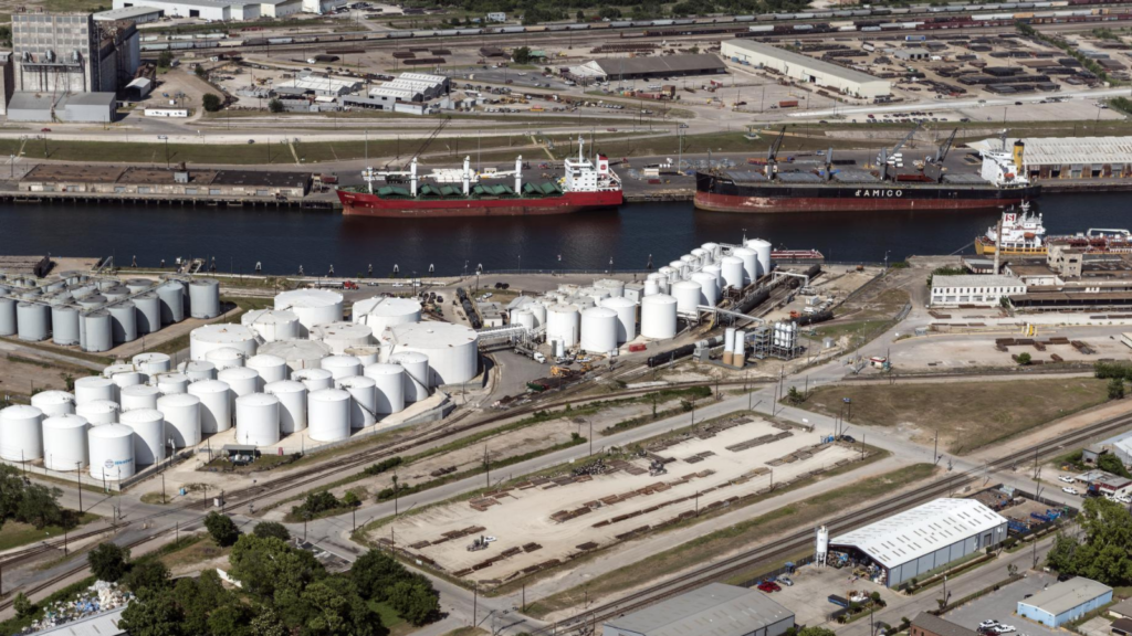 A bulk liquid storage facility situated along the Houston Ship Channel.