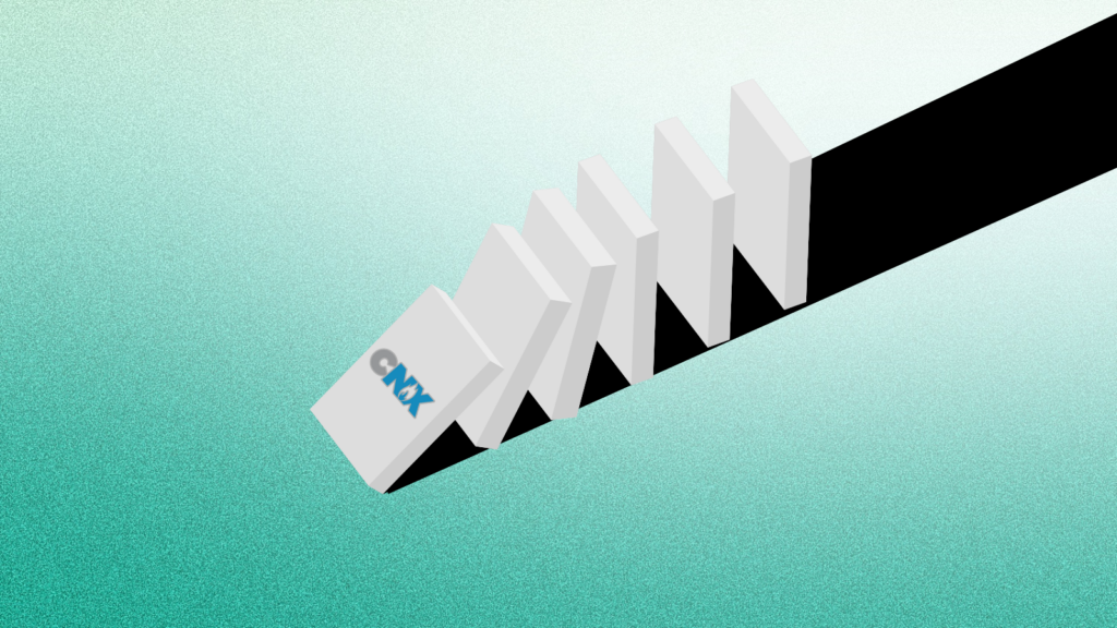 A falling domino labeled "CNX" topples a line of succeeding dominoes.