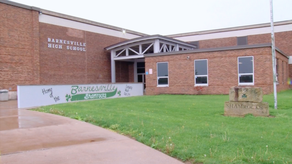 Dandelions sprout in front of Barnesville High School in Barnesville, Ohio.