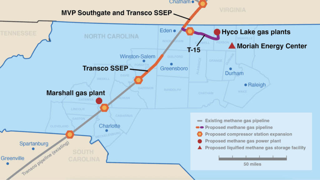 A map of the overlapping MVP Southgate and Transco SSEP pipeline proposals, both of which begin near Chatham, Virginia and end near Eden, North Carolina.