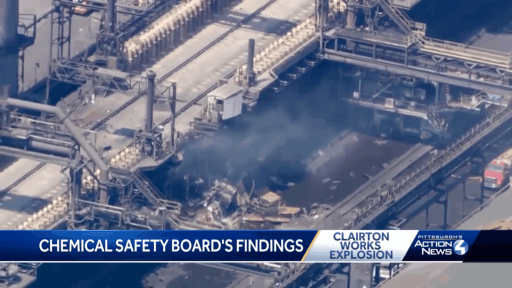 A screenshot of Action News 4's broadcast of the Clairton Coke Works explosion with a banner that reads "Chemical Safety Board's Findings."