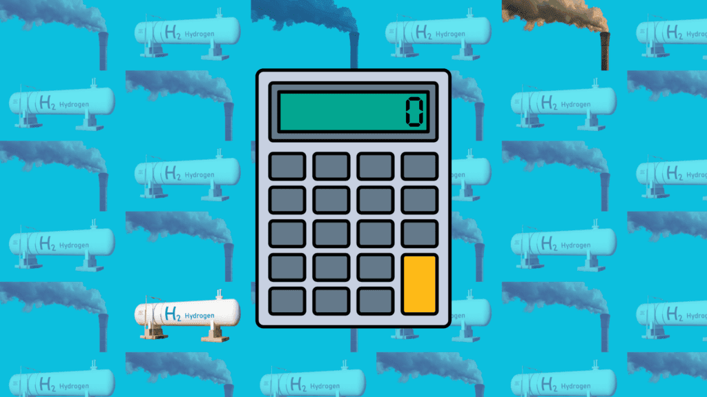 An illustration of a calculator in front of a blue grid of hydrogen storage tanks and smokestacks.