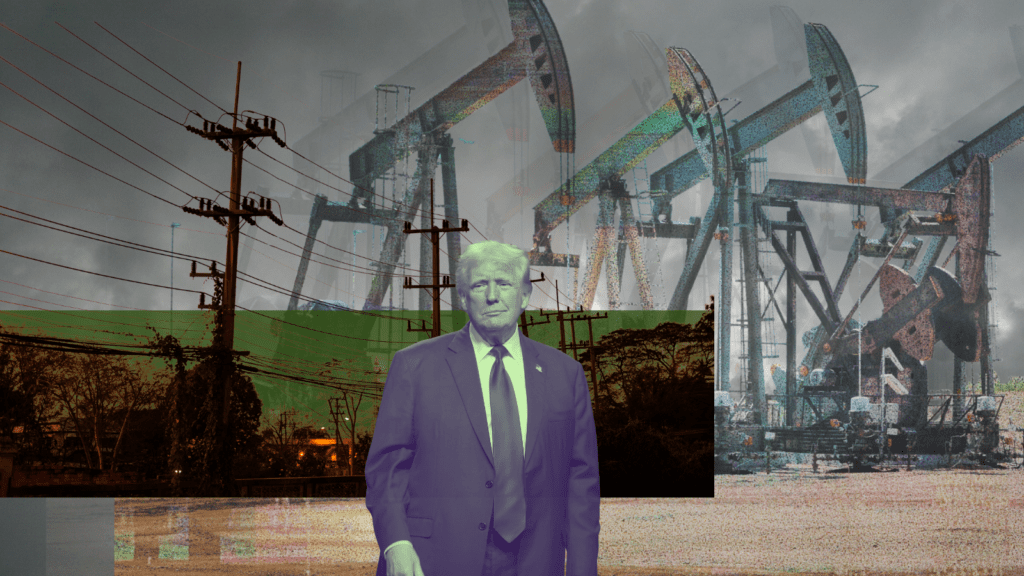 An illustration of Trump superimposed upon utility lines and ghostly oil derricks.