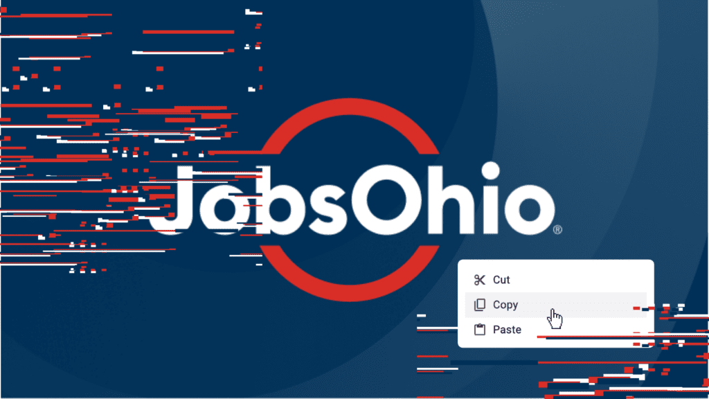 A graphic of a distorted JobsOhio logo with a mouse hovering over a copy and paste menu.