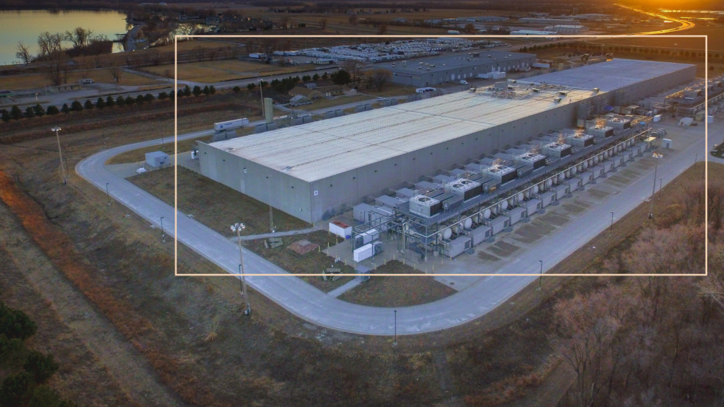 An illustration of a data center highlighted by a yellow rectangle.
