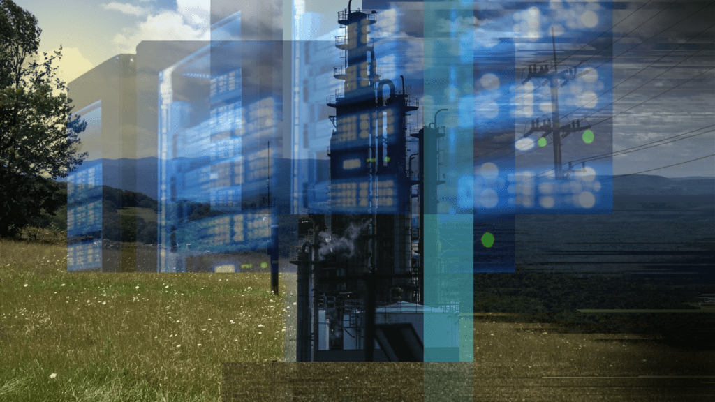 An illustration of gas-fueled data centers superimposed atop a photo of Tucker County, West Virginia.