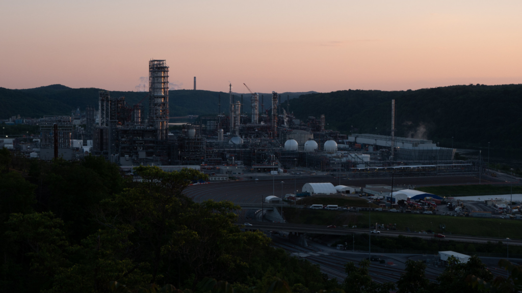 Shell's petrochemical complex in Beaver County at dusk.