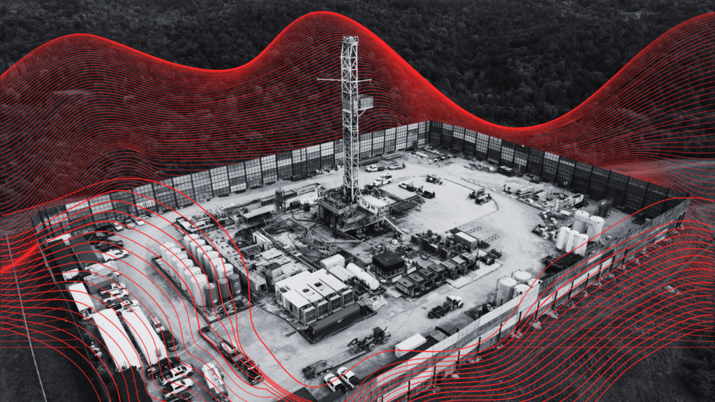 An illustration of a fracking drill rig with ominous red lines in the background.