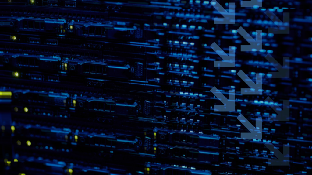An illustration featuring blurred computer lights at a data center terminal and a series of downward-pointing arrows.